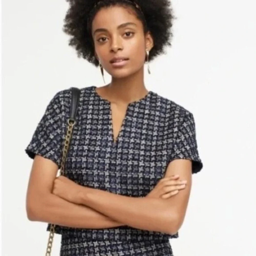 J.Crew Cropped Cap Sleeve Tweed Top Metallic Houndstooth Lined Chic Work Size 14